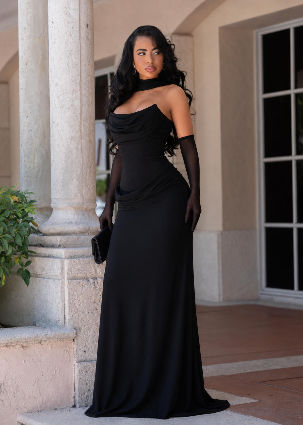 Perfectly Poised Stand Ruched Maxi Dress Black
