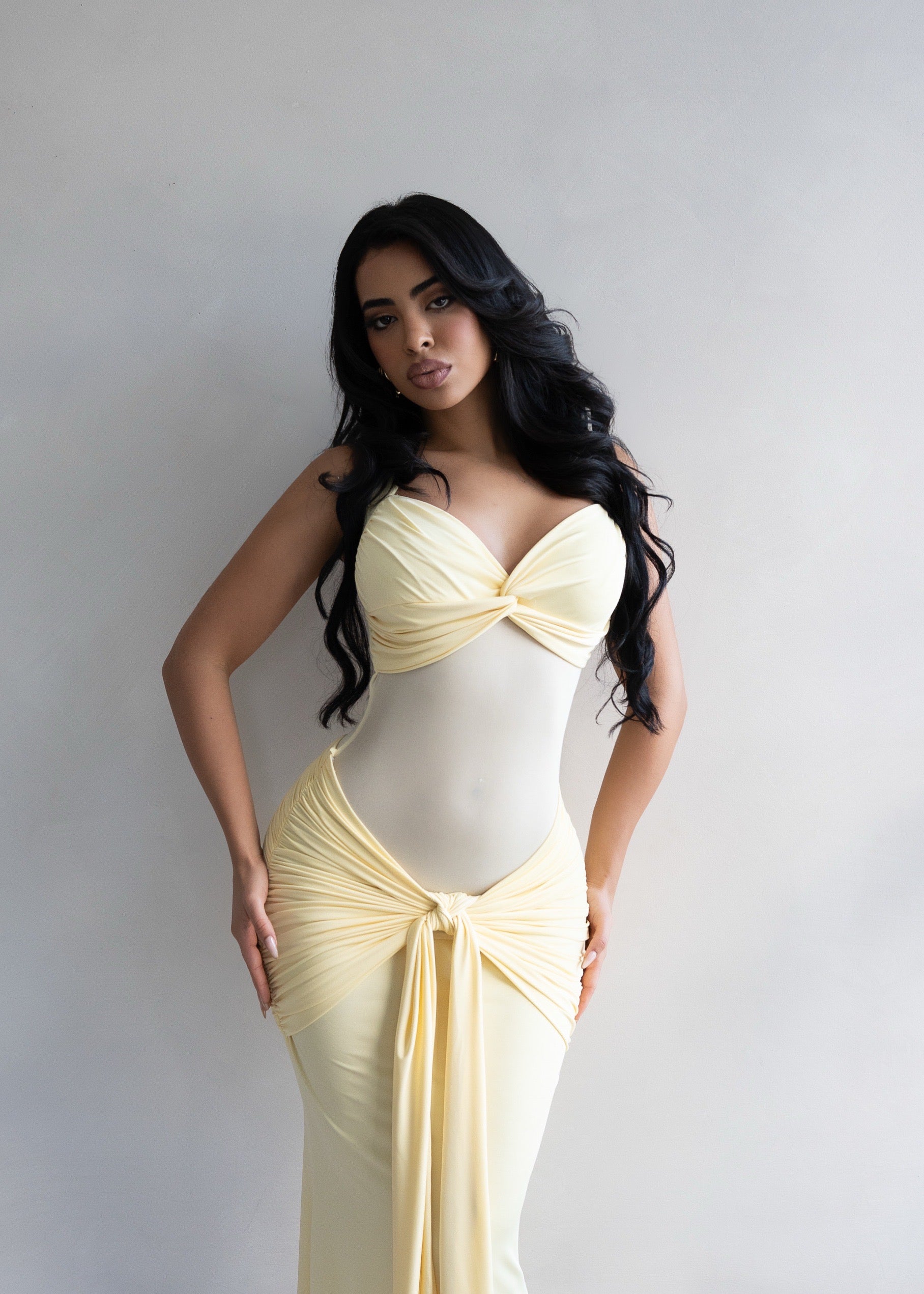 Forbidden Allure Ruched Mesh Maxi Dress Yellow