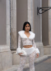 Crystal Fable Lace Faux Fur Pant Set White
