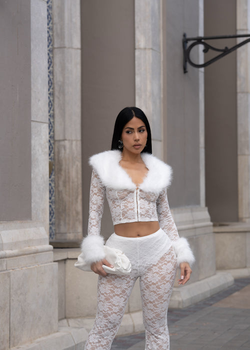 Crystal Fable Lace Faux Fur Pant Set White