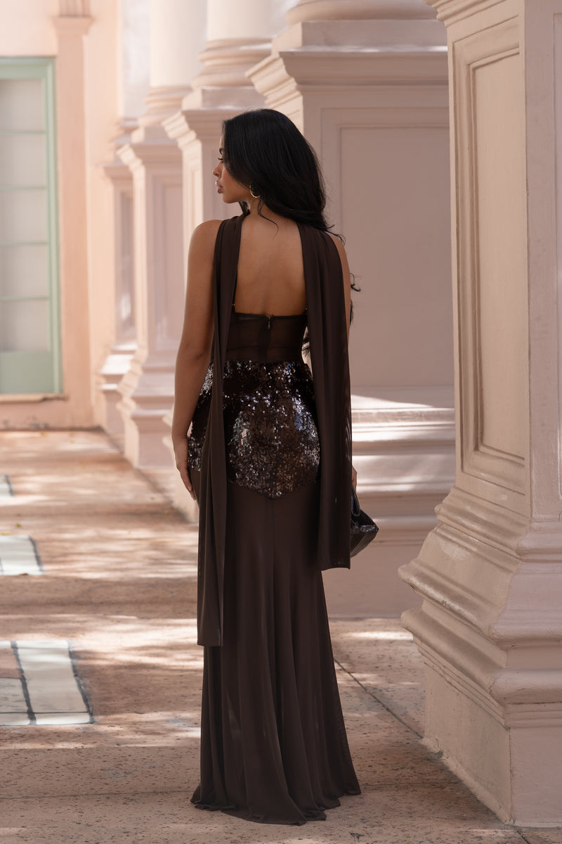 Allure Veil Sequin Mesh Maxi Dress Brown