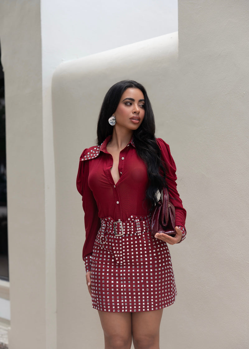 Soft Threat Rhinestone Mesh Skirt Set Red