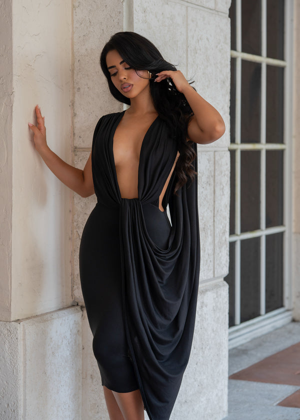 Undone Desire Ruched Midi Dress Black