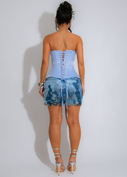 Seafoam Muse Satin Mesh Sequin Skirt Set Blue