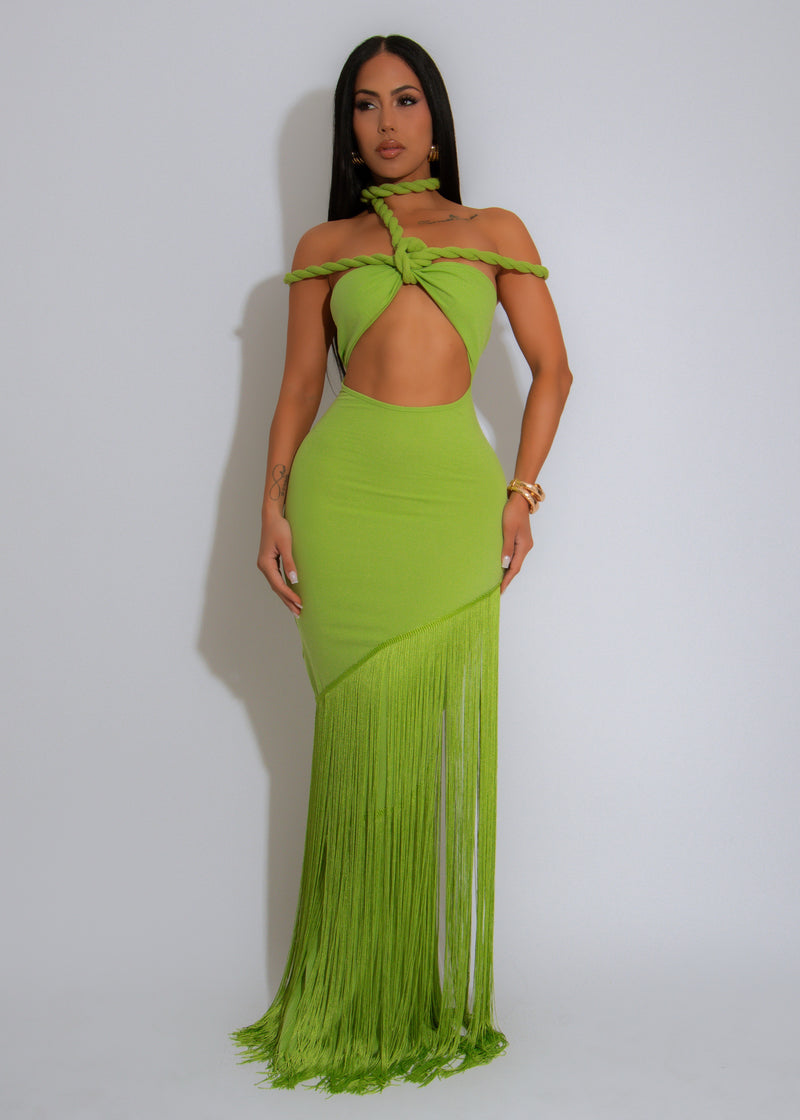 Coastal Rhythm Fringes Maxi Dress Green