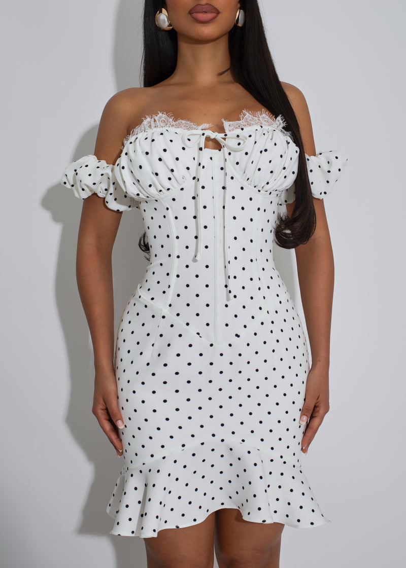 Sweet Parisian Polka Dot Ruched Mini Dress White