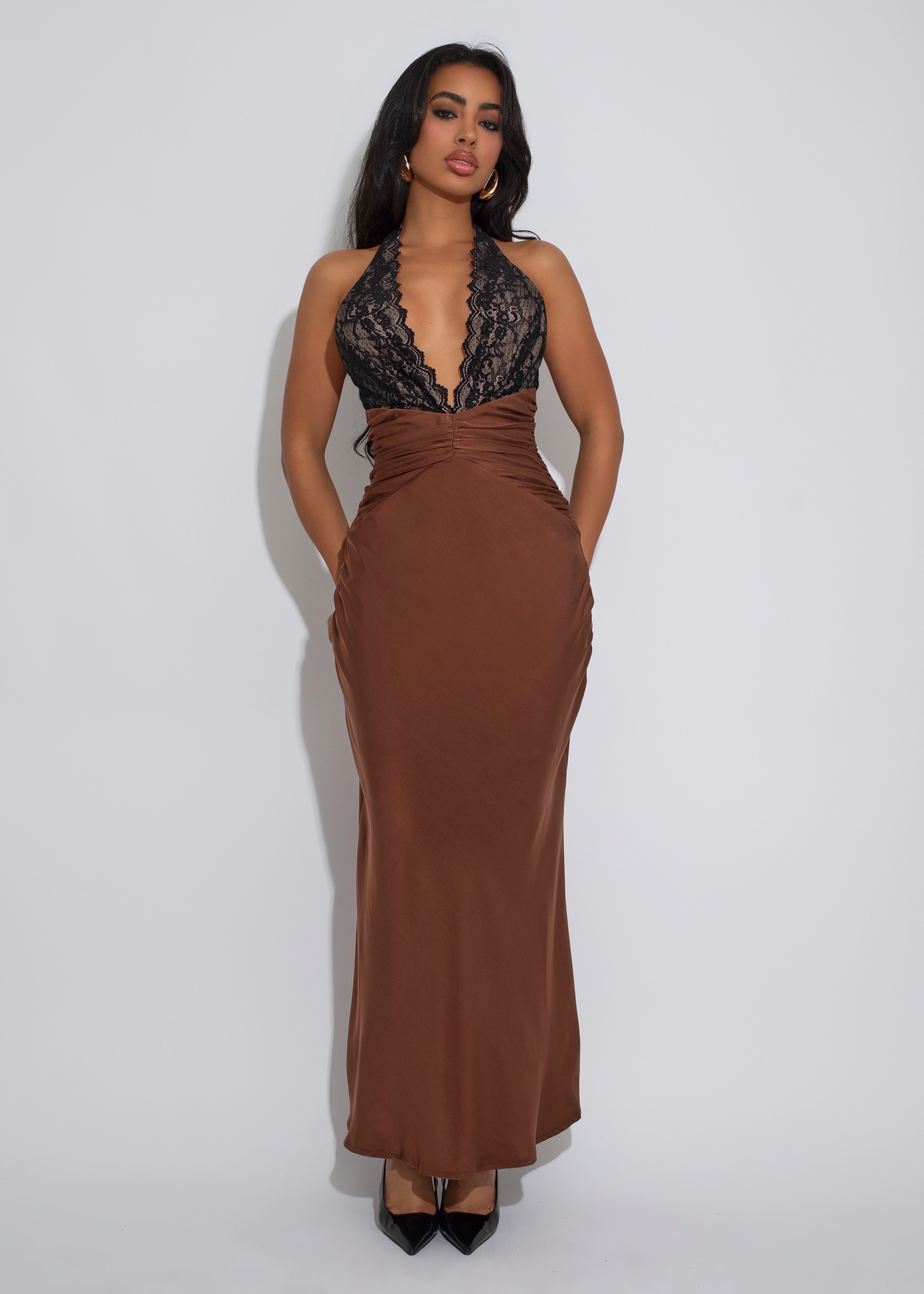 Forbidden Poise Satin Lace Maxi Dress Brown