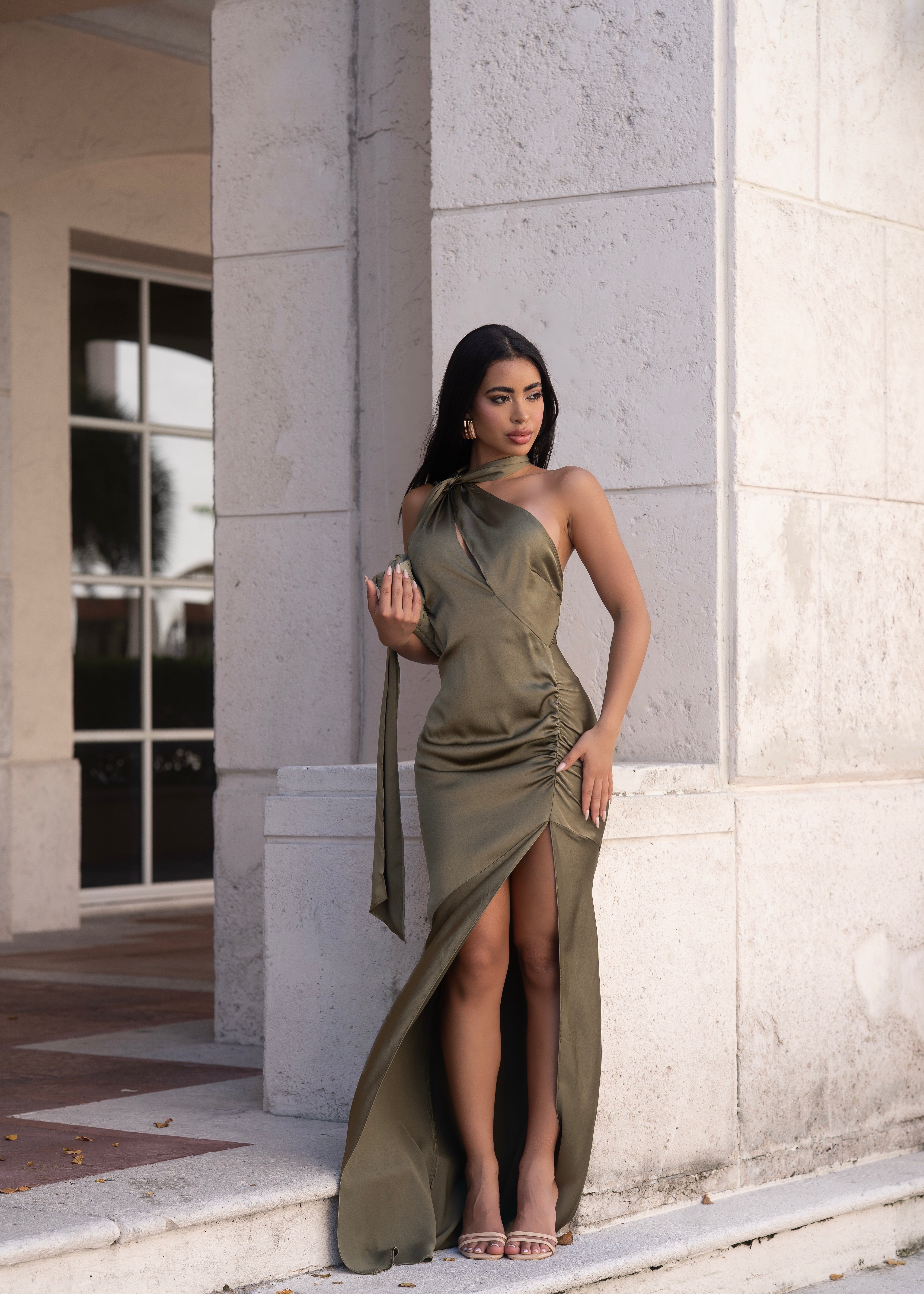Oblique Grace Ruched Satin Maxi Dress Green