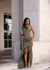 Oblique Grace Ruched Satin Maxi Dress Green