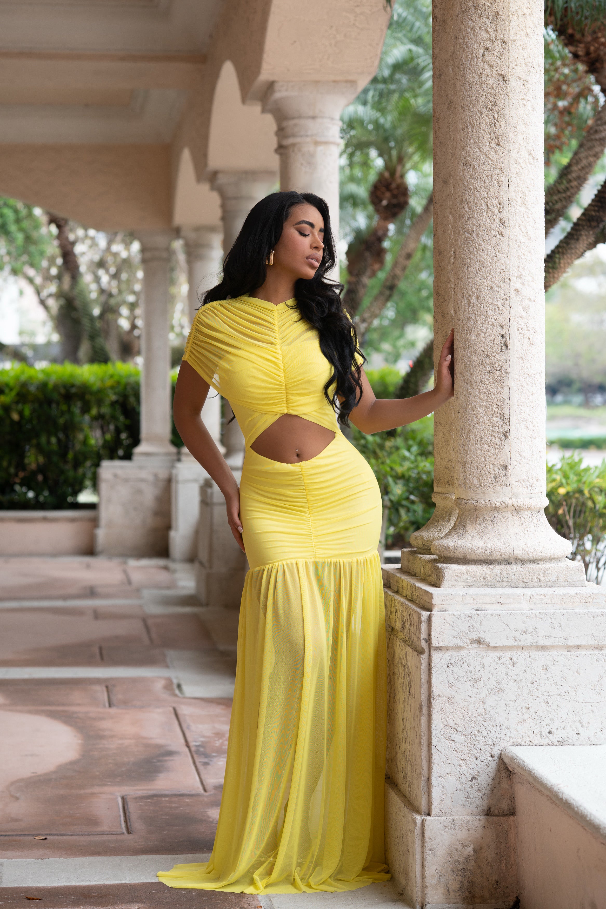 Luxe Obsession Ruched Mesh Maxi Dress Yellow
