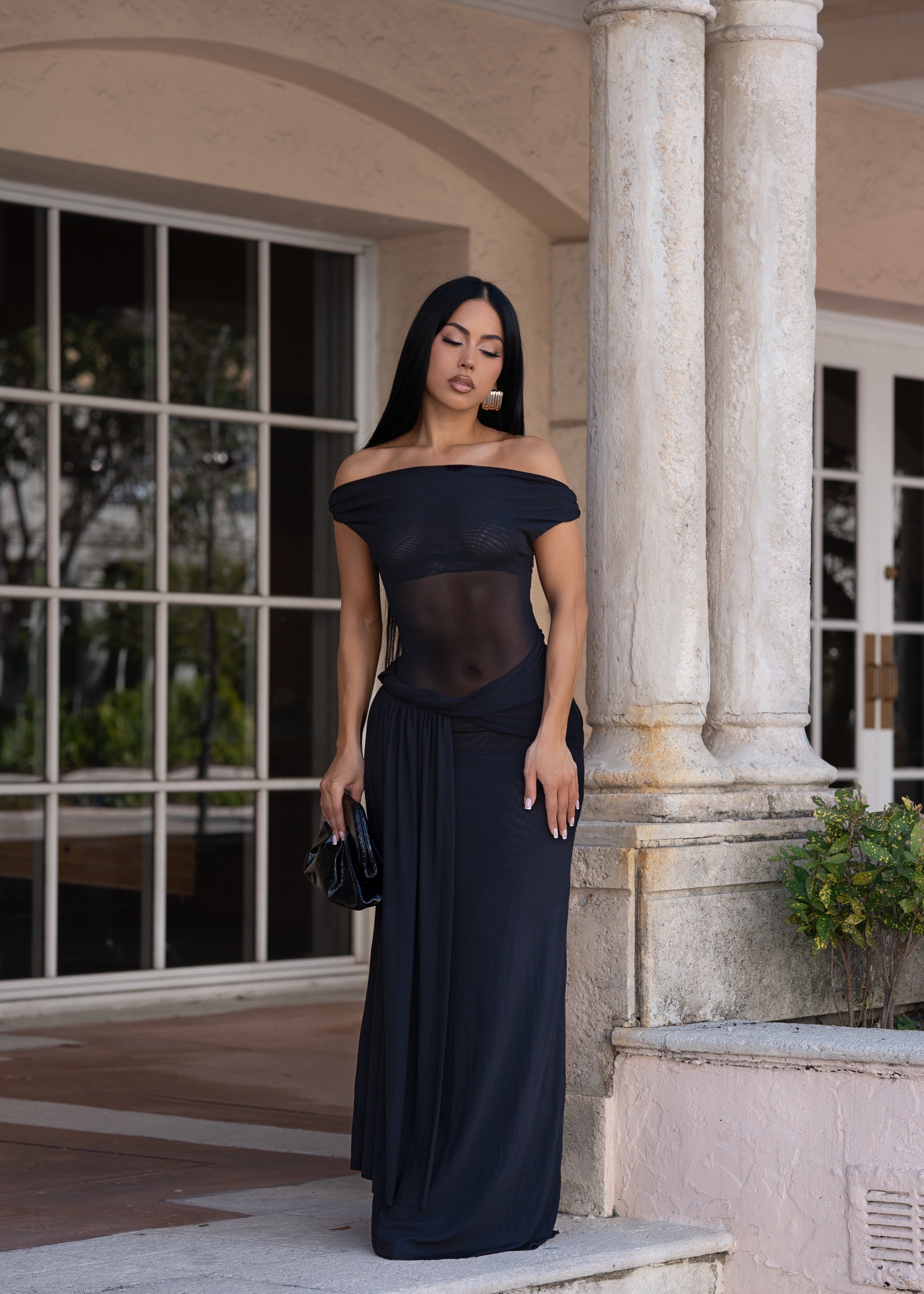 After Dusk Gown Mesh Ruched Maxi Dress Black