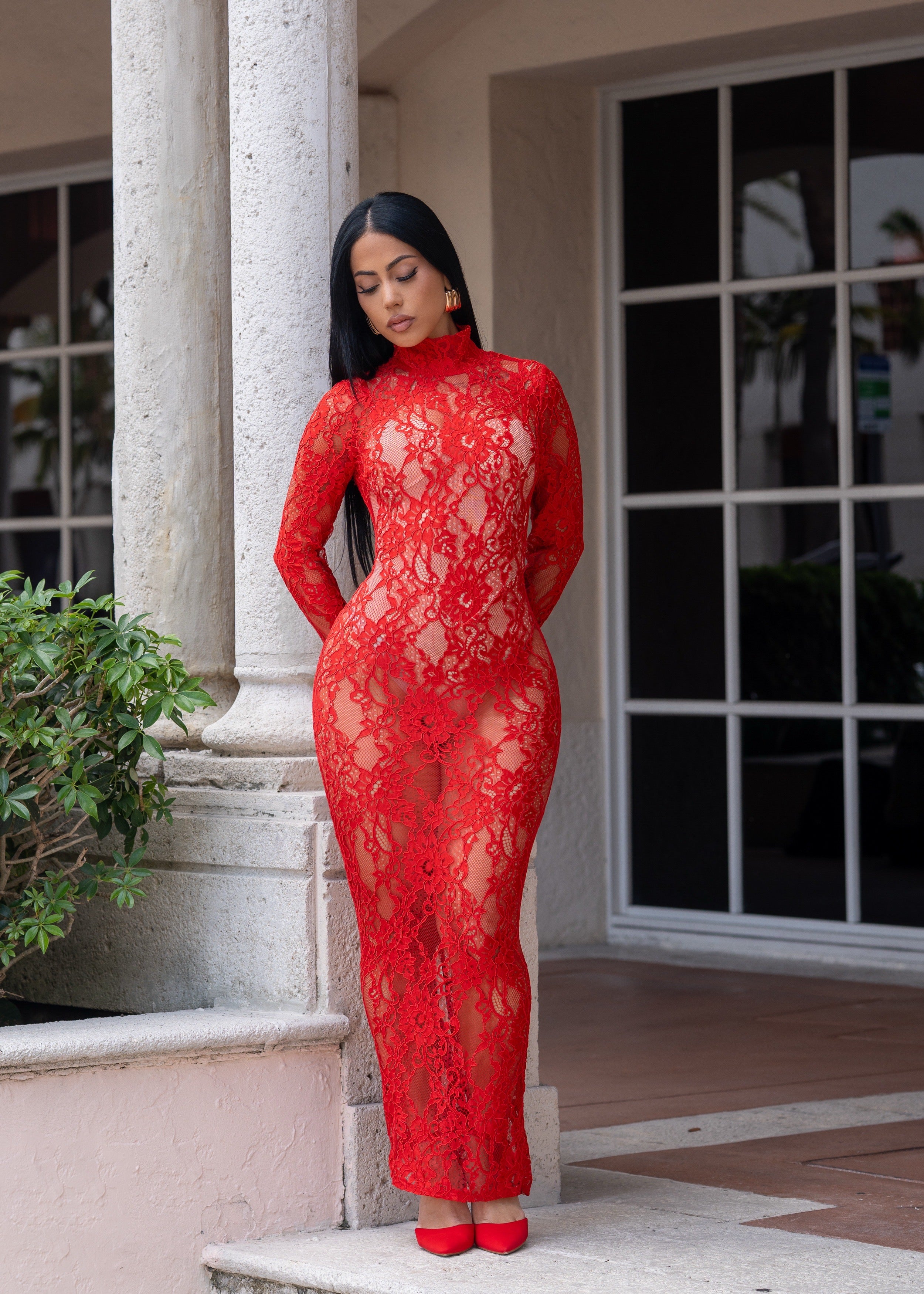 Forbidden Fantasy Floral Lace Maxi Dress Red