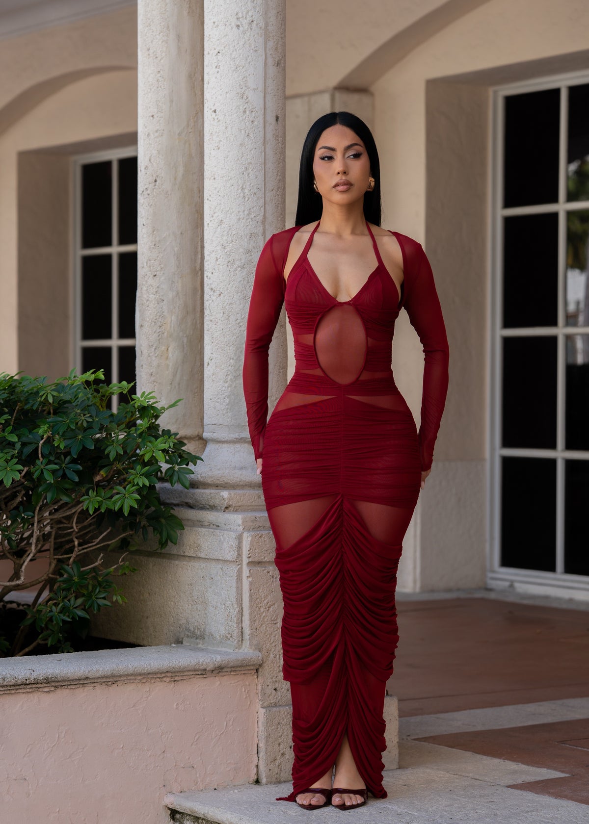 No Reservations Ruched Mesh Maxi Dress Red