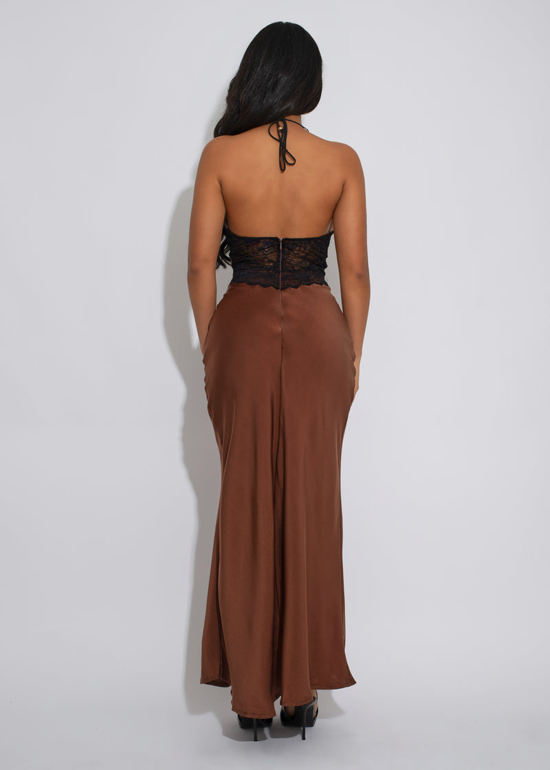 Forbidden Poise Satin Lace Maxi Dress Brown