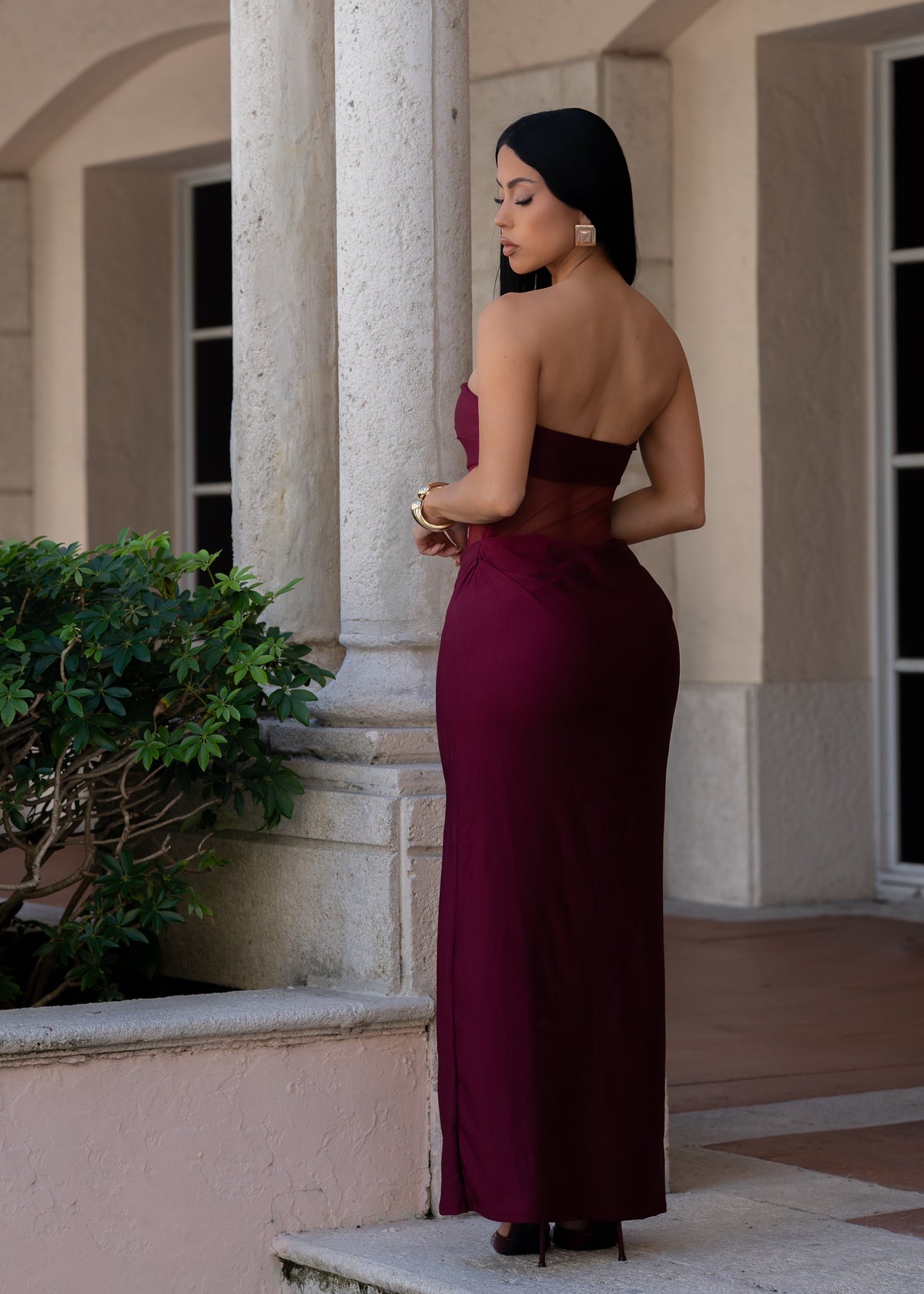 Unspoken Elegance Ruched Mesh Maxi Dress Red