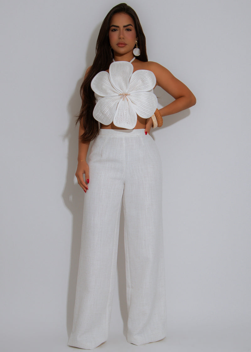 Petal Sands Crochet Floral Pant Set White