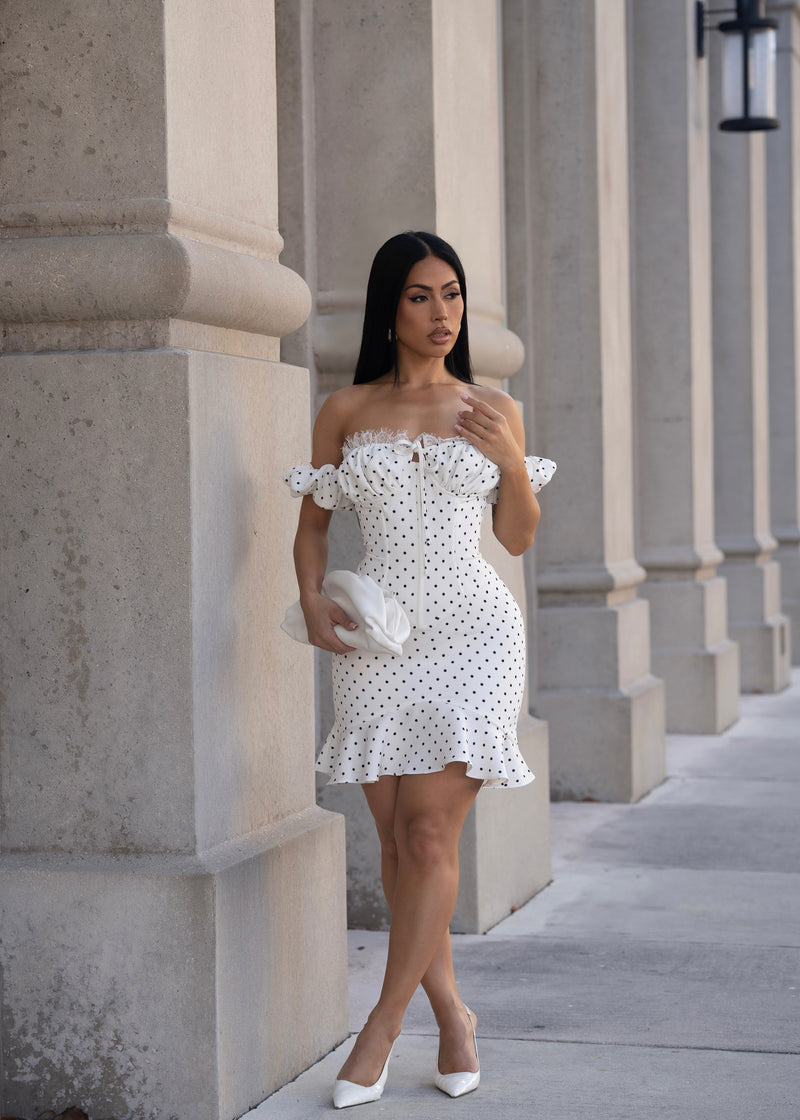 Sweet Parisian Polka Dot Ruched Mini Dress White