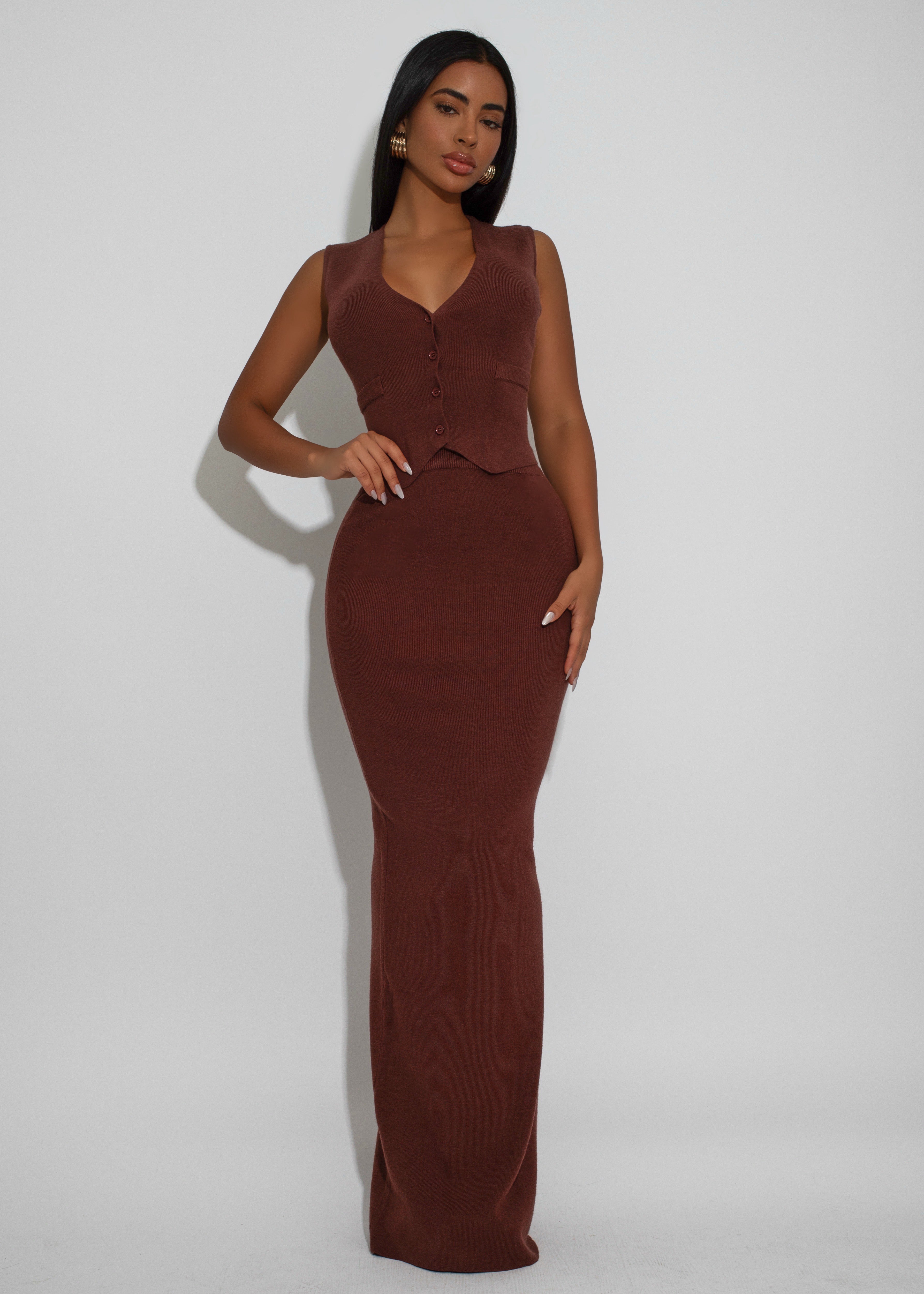 Saffron Luxe Knit Skirt Set Brown