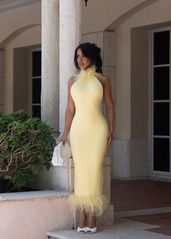 Private Desire Feather Trim Midi Dress Yellow