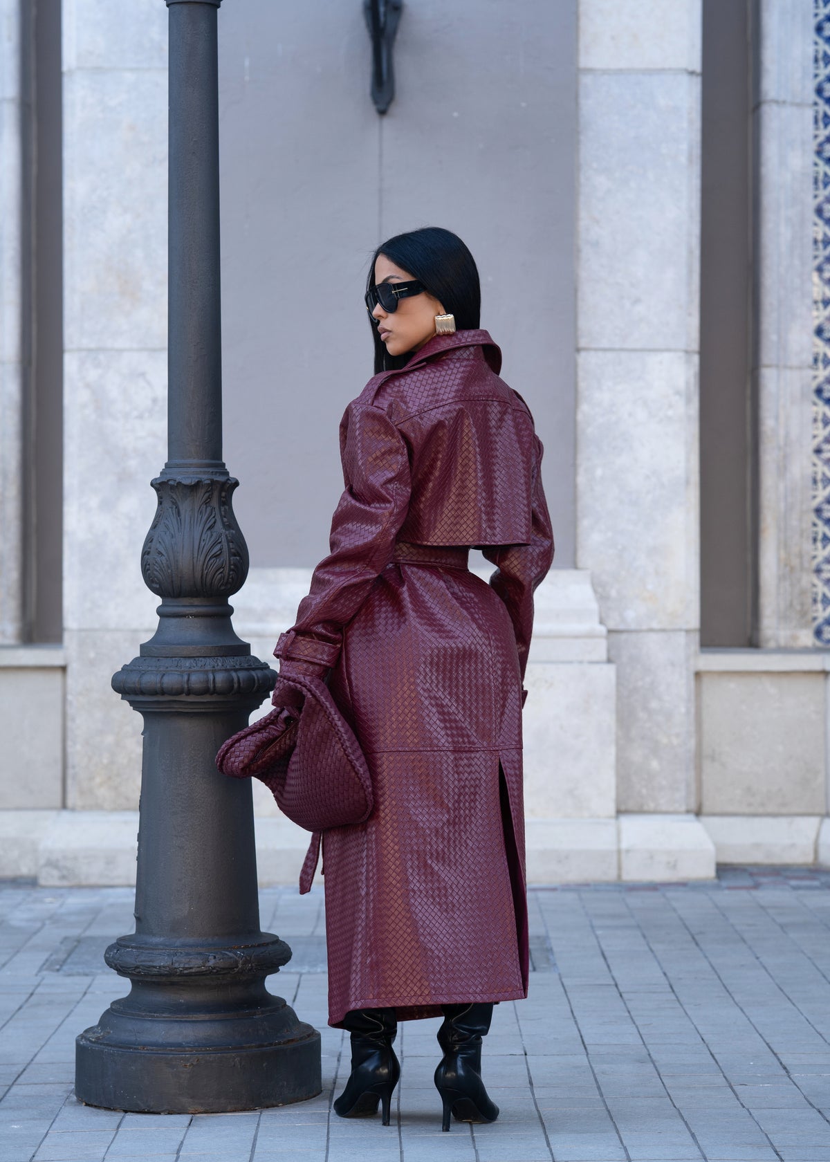 High Rise Woven Leather Coat Red