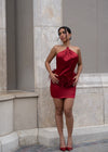 Moonlit Reverie Satin Rhinestone Mini Dress Red