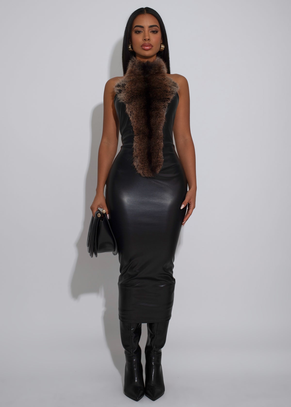 Femme Aura Faux Leather Midi Dress Black