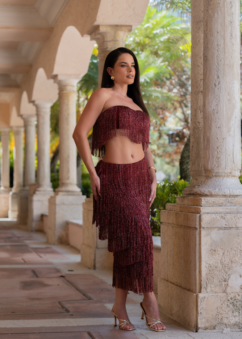 Cool Breeze Fringe Skirt Set Red
