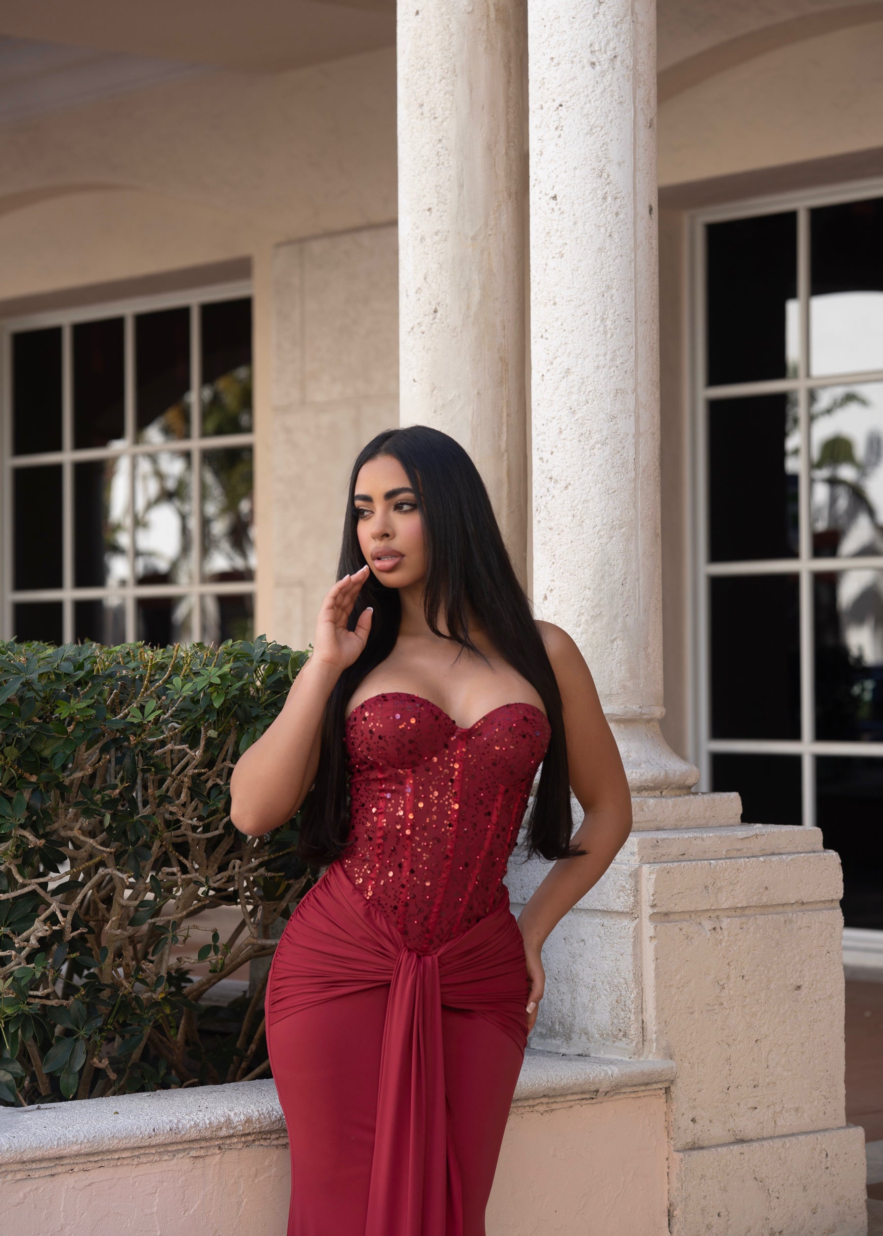 Divine Rupture Sequin Ruched Maxi Dress Red