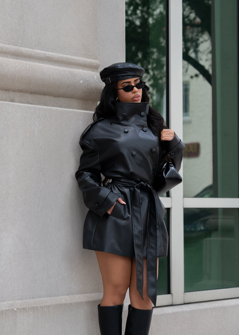Sinful Intentions Faux Leather Mini Coat Dress Black