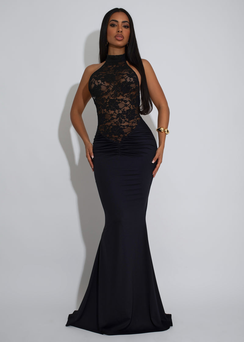 Ritual Allure Lace Ruched Maxi Dress Black