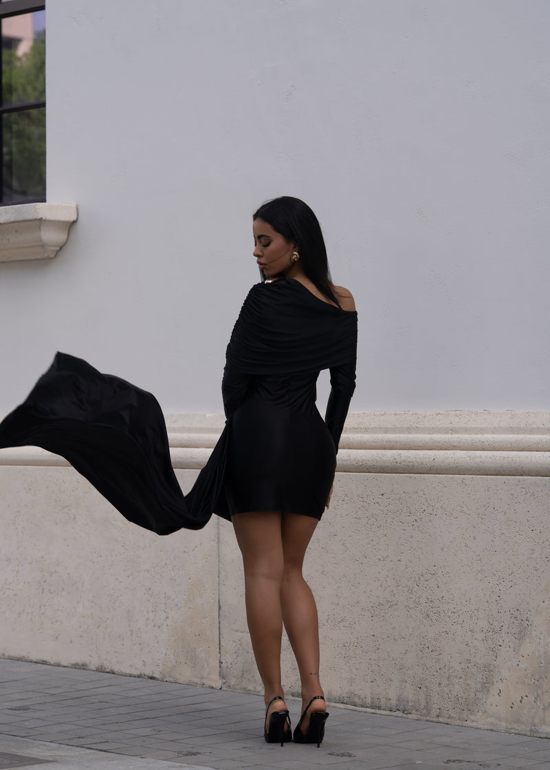 Veiled Motion Ruched Mini Dress Black