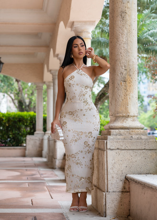 Used To This Sequin Floral Midi Dress White