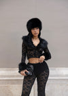 Crystal Fable Lace Faux Fur Pant Set Black