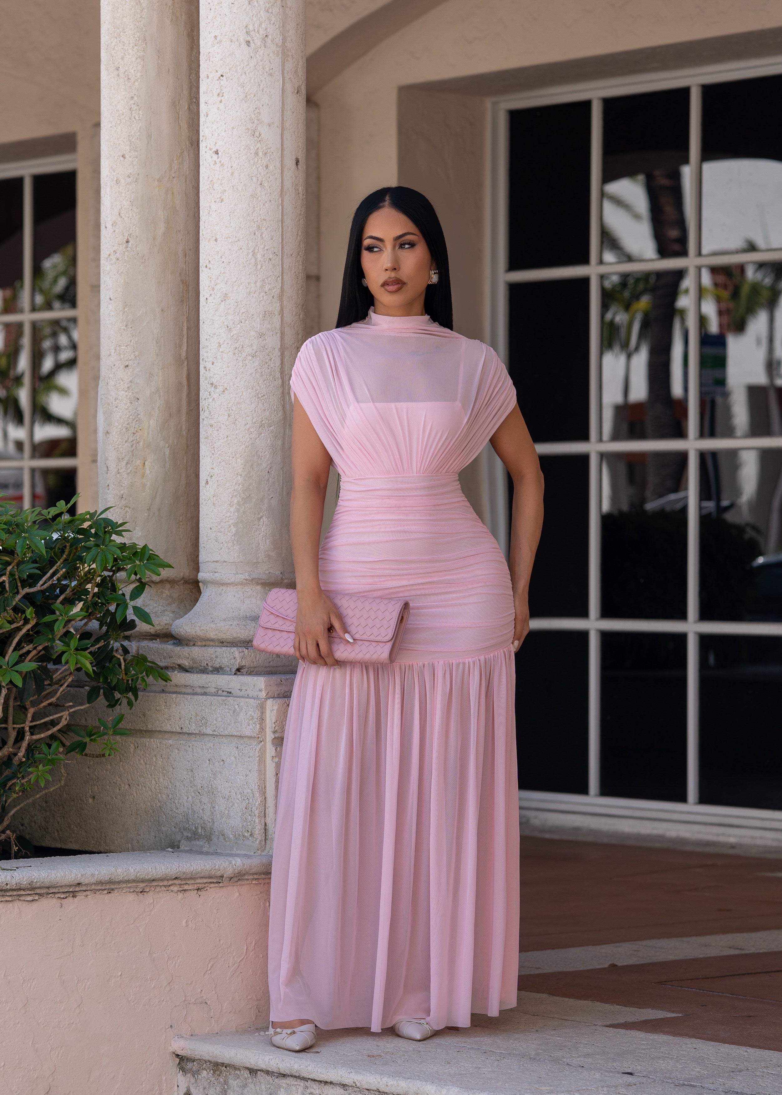 Pretty In Paradise Ruched Mesh Maxi Dress Pink