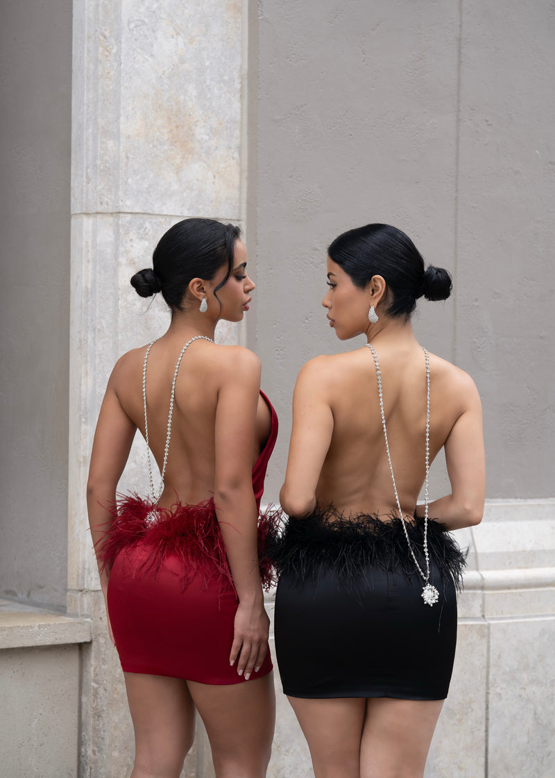 Moonlit Reverie Satin Rhinestone Mini Dress Red