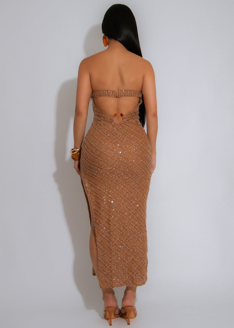 Lustrous Escape Sequin Knit Ruched Midi Dress Brown