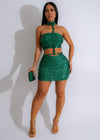Party Glam Mesh Rhinestones Faux Leather Skirt Set Green