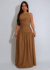Solara Drape Linen Ruched Maxi Dress Brown