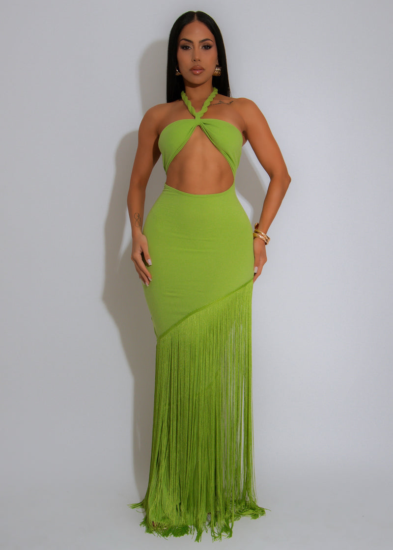 Coastal Rhythm Fringes Maxi Dress Green