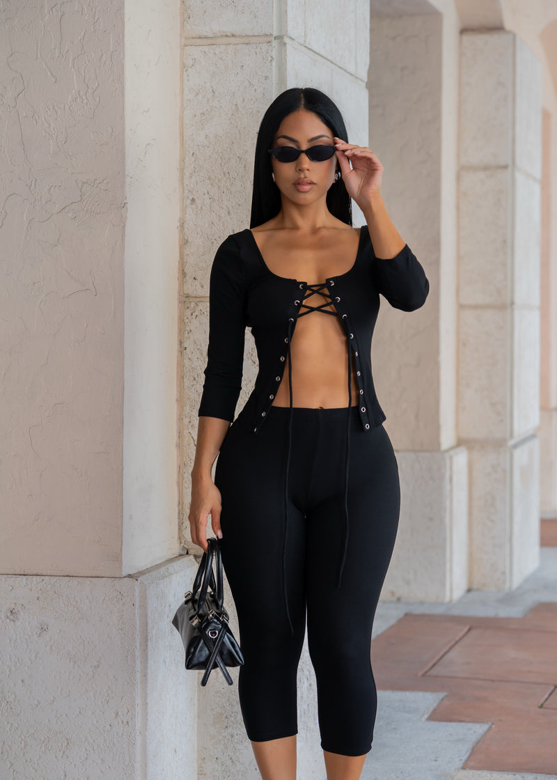 Tied to Temptation Ribbed Capri Set Black