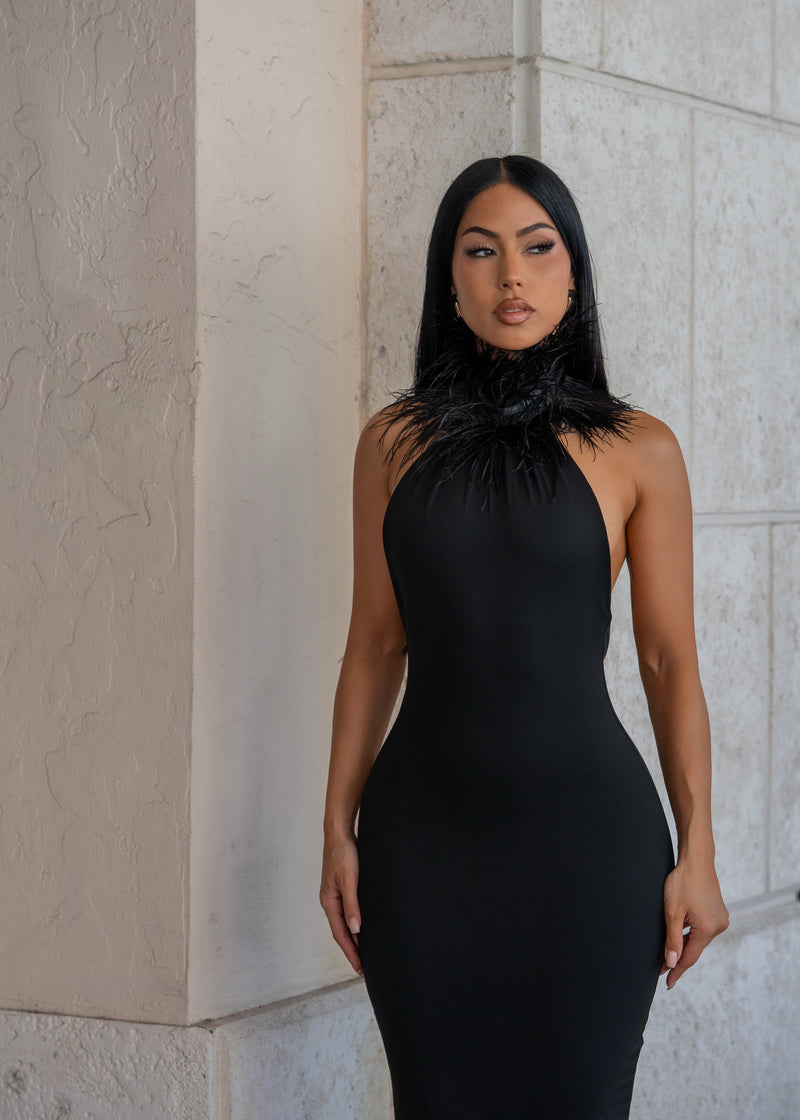 Private Desire Feather Trim Midi Dress Black