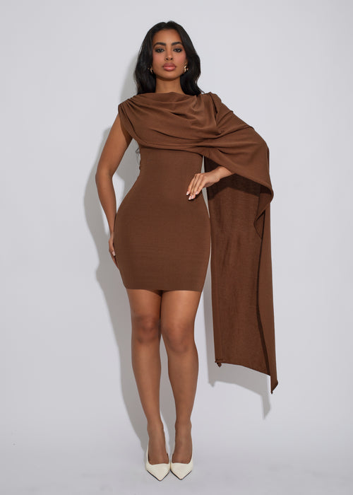Fragmented Flow Ruched Ribbed Mini Dress Brown