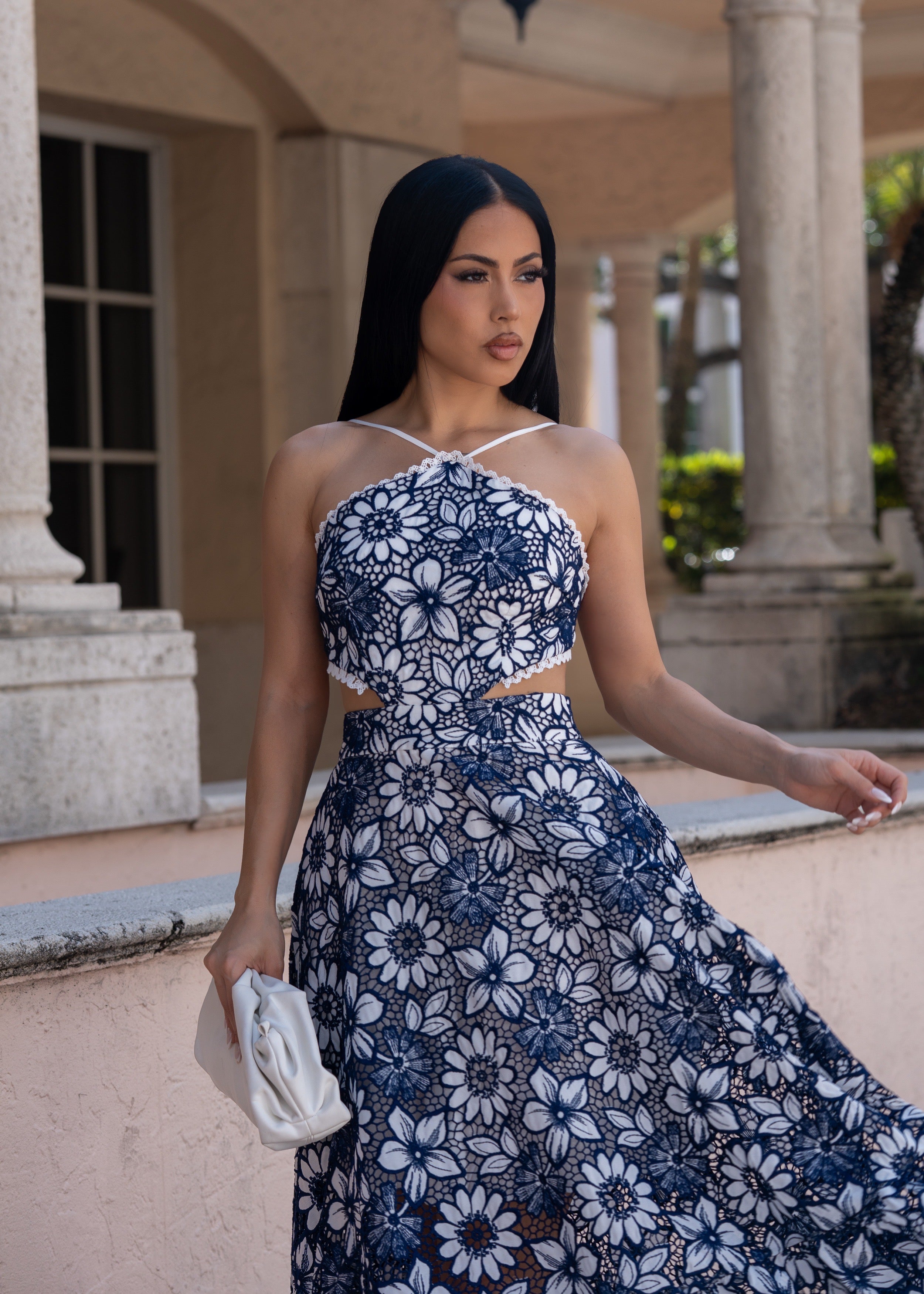 Living A Fairytale Lace Floral Midi Dress Blue