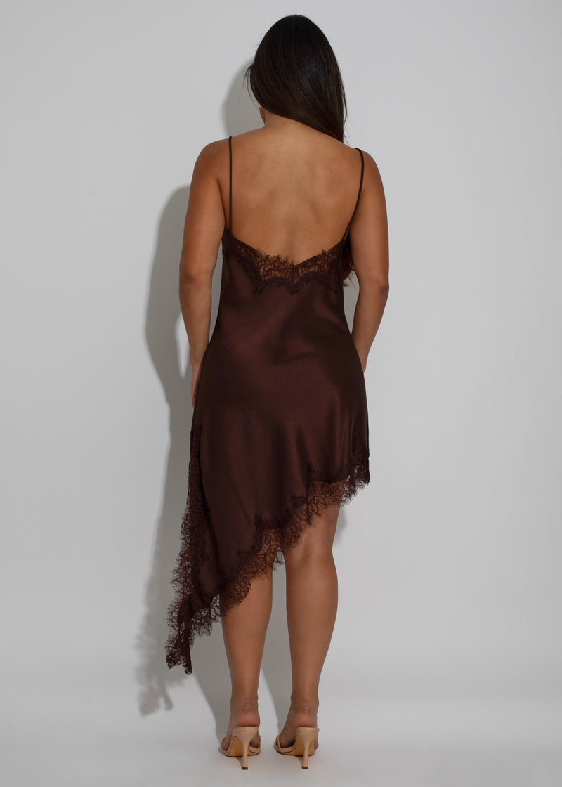 Serene Temptation Satin Lace Mini Dress Brown