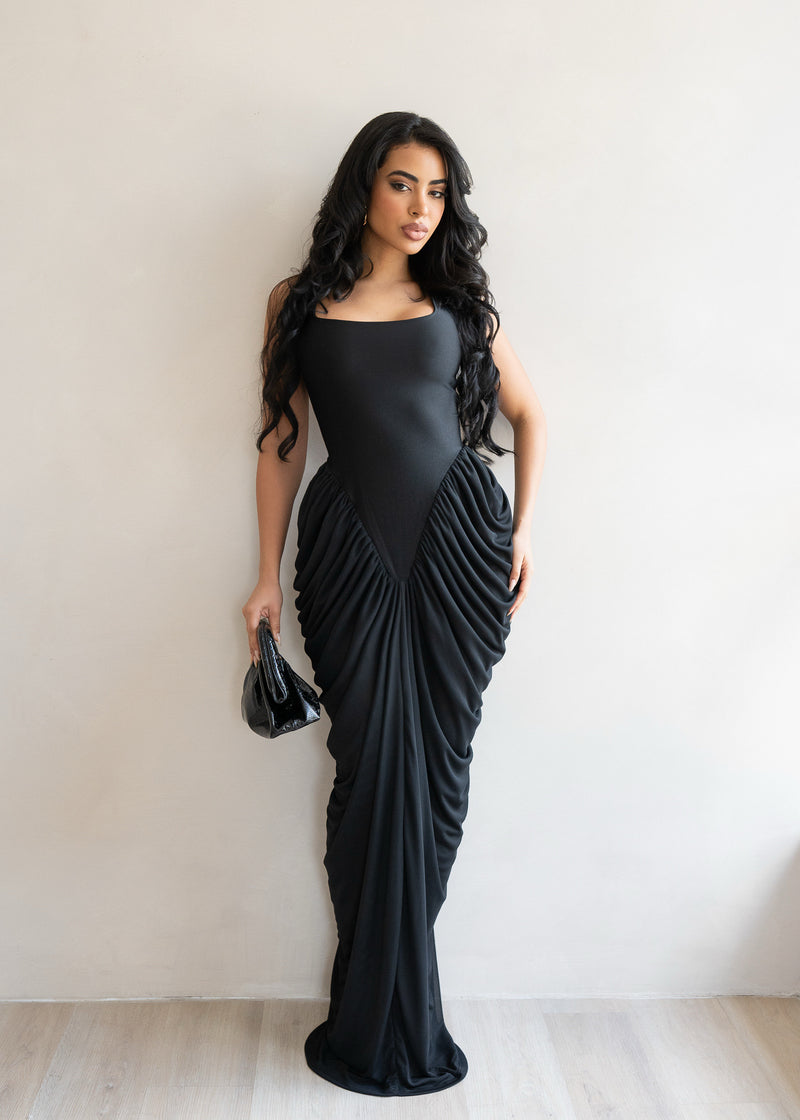 Code of Obsession Ruched Mesh Maxi Dress Black