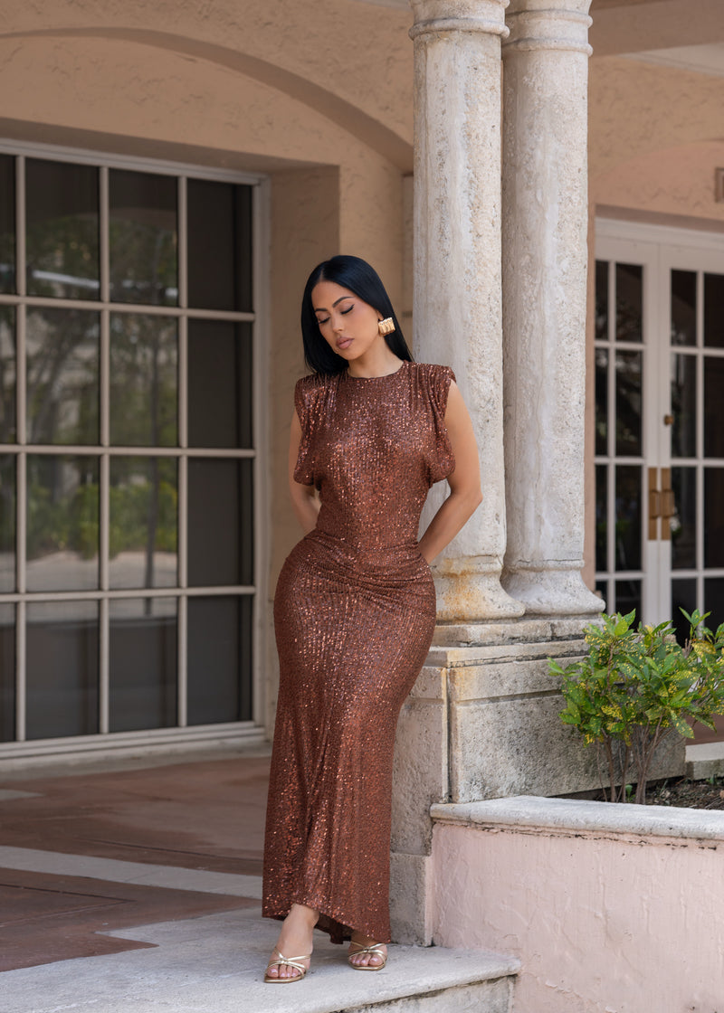 Nocturne Spark Ruched Sequin Skirt Set Brown