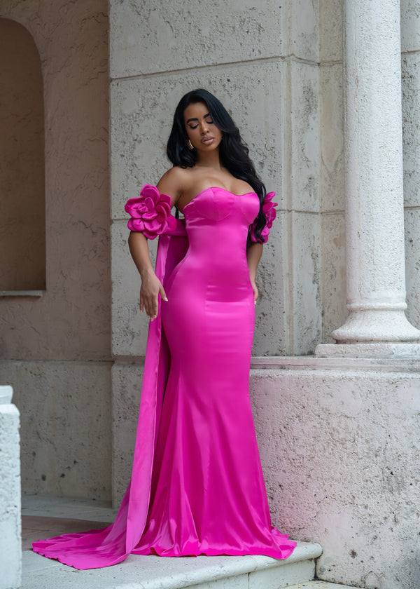 Royal Dream Satin Floral Maxi Dress Pink