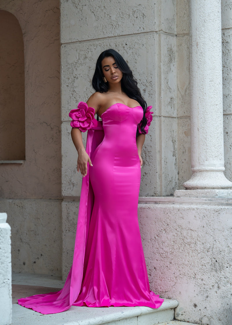 Royal Dream Satin Floral Maxi Dress Pink