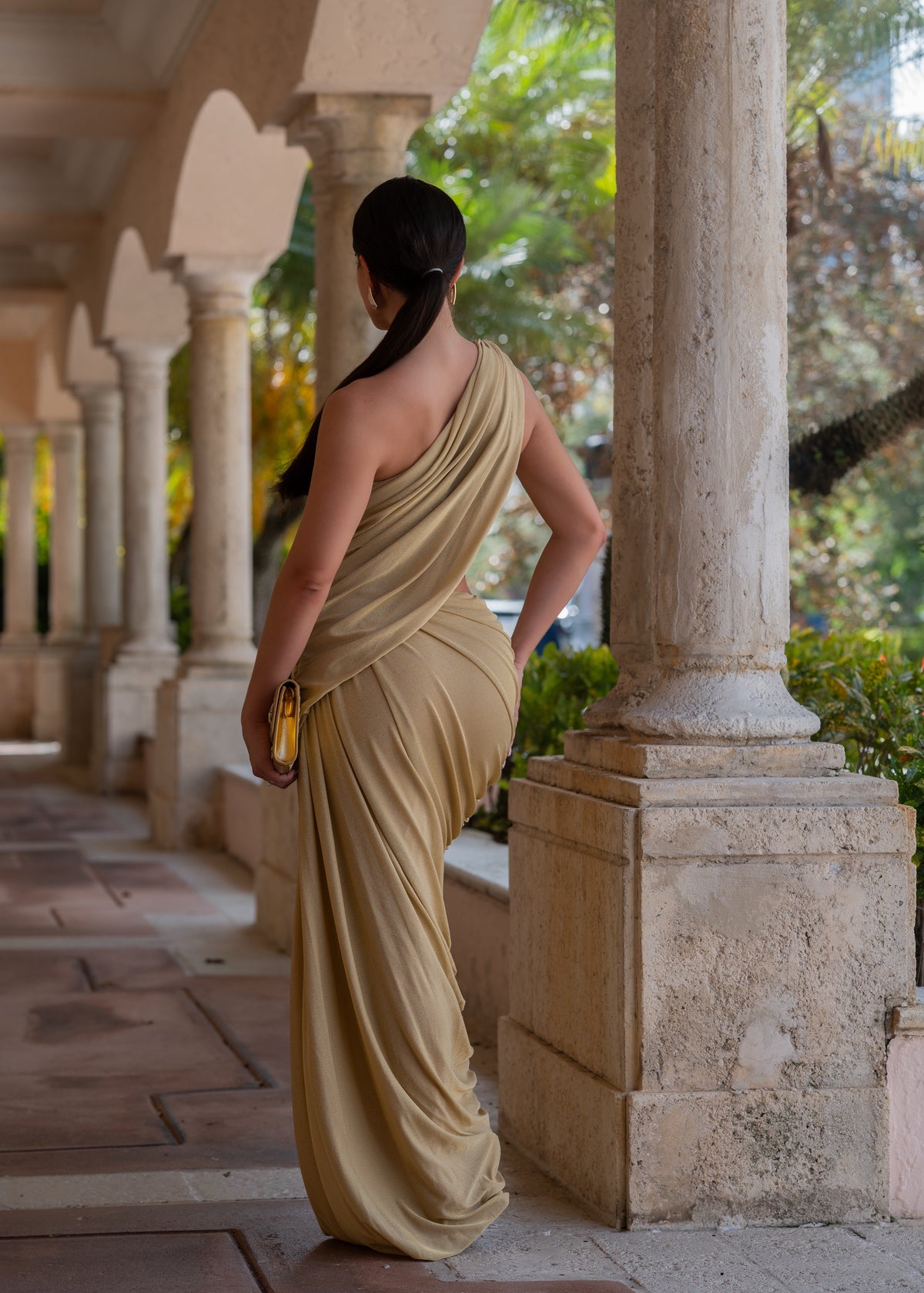 Gilded Hour Draped Ruched Maxi Dress Gold