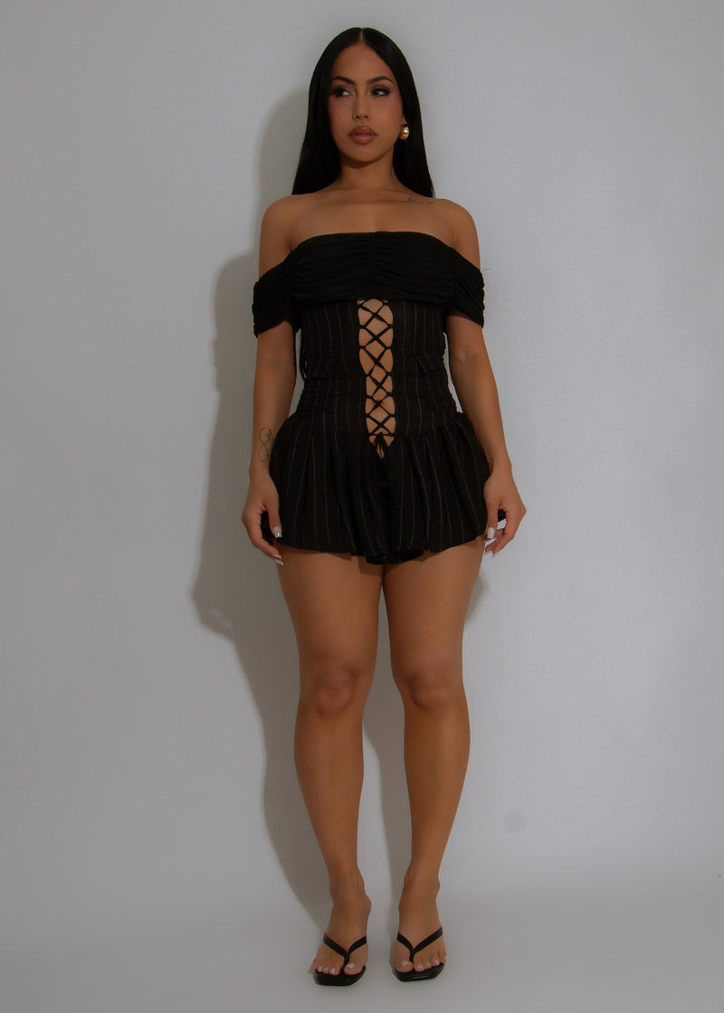 After Hours Mesh Stripes Ruched Romper Black